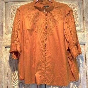 EUC J.Crew Embroidered Cotton Ruffle-Front Blouse  /Pumkin, 3X/